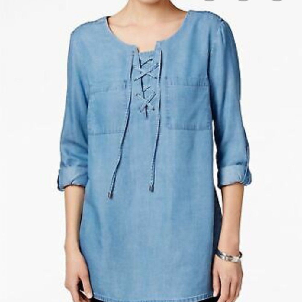 Women’s chambray shirt dress with lace up tie